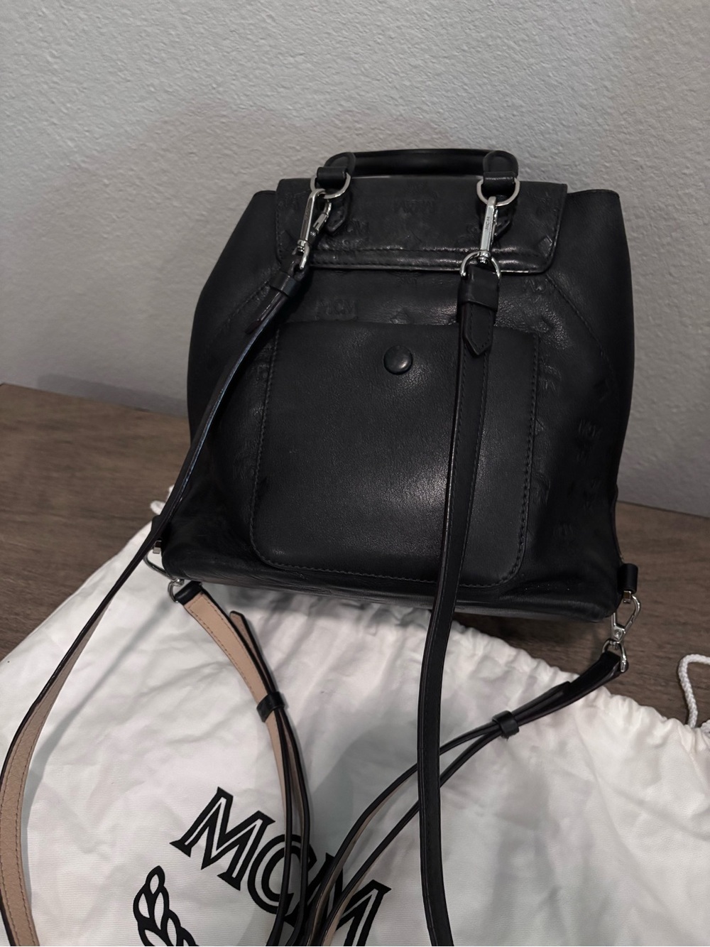 MCM Black Embossed Leather Drawstring Mini Backpack with Top Handle - Picture 4 of 9